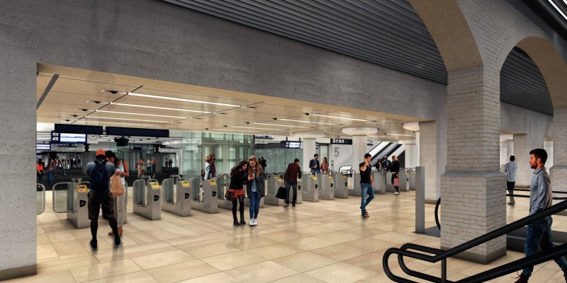 Voorbeeldfoto van de_poortjes in de te ontwikkelen nieuwe entree van de westelijke reizigerstunnel op station Amsterdam Centraal