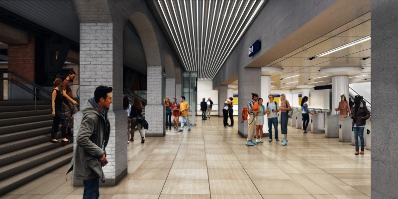 Voorbeeldfoto van het zijaanzicht van de westelijke reizigerstunnel in de te ontwikkelen nieuwe entree van de westelijke reizigerstunnel op station Amsterdam Centraal