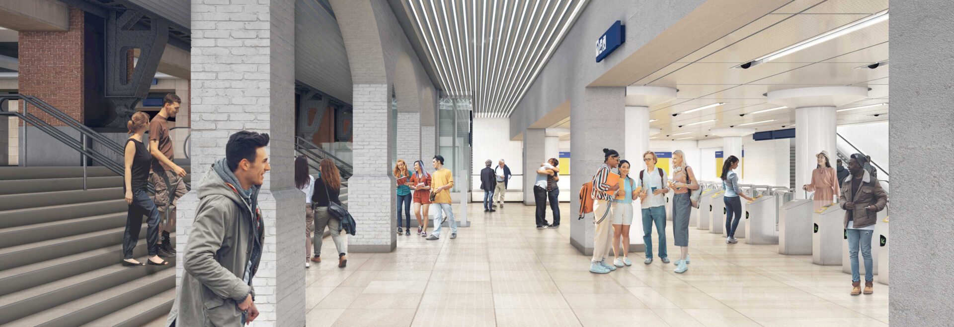 Voorbeeldfoto van het zijaanzicht van de nieuwe entree van de westelijke reizigerstunnel op station Amsterdam Centraal